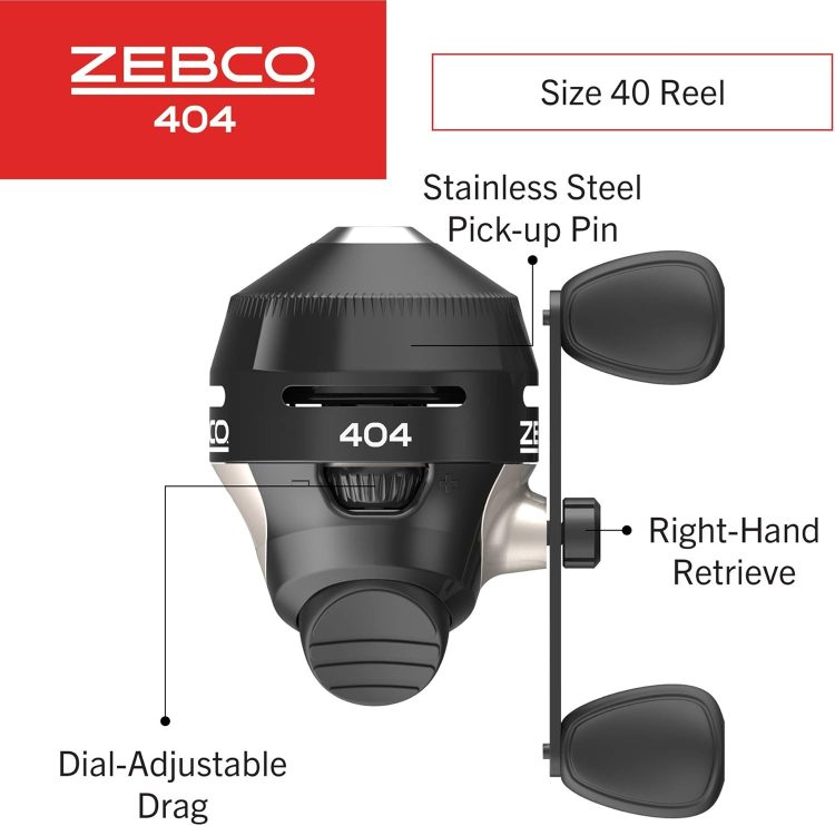 Zebco 404 Spincast Fishing Reel, Size 40 Reel, Right-Hand Retrieve, Built-in Bite Alert, Durable All-Metal Gears, Stainless Steel Pick-up Pin, Pre-Spooled with 15-Pound Zebco Fishing Line, Black - Image 2